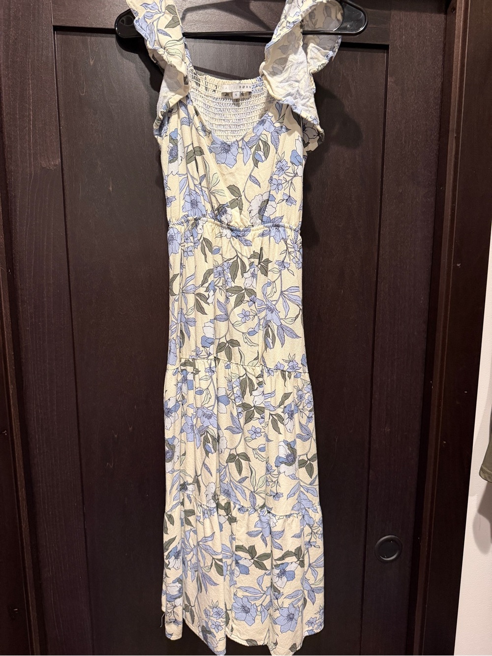 Baltic Born Cream Maxi Dress with Light Blue Floral and Olive Green Leaves